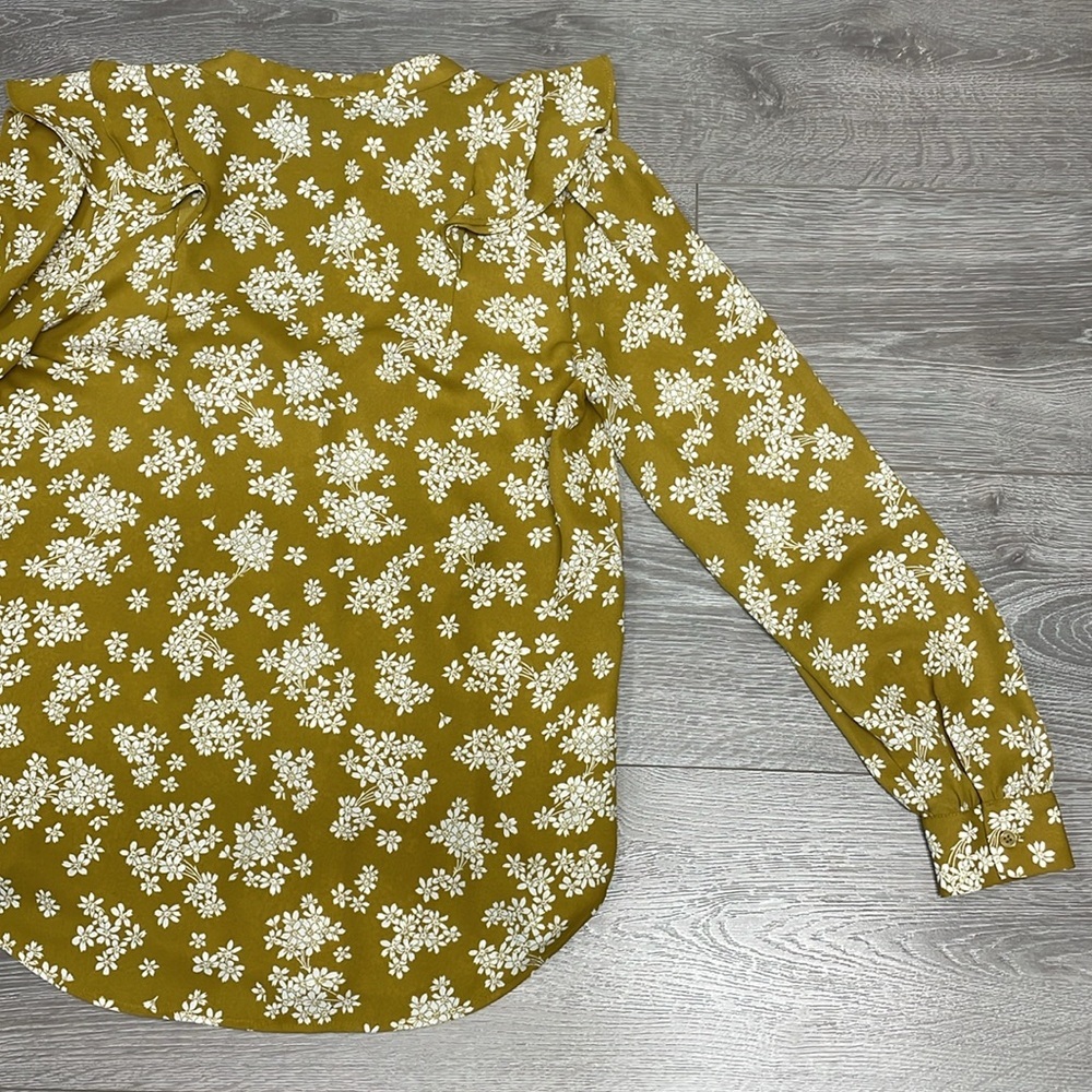 NWOT Ann Taylor Mustard Gold & White Floral Ruffled Long Sleeve Blouse XS - Picture 16 of 16